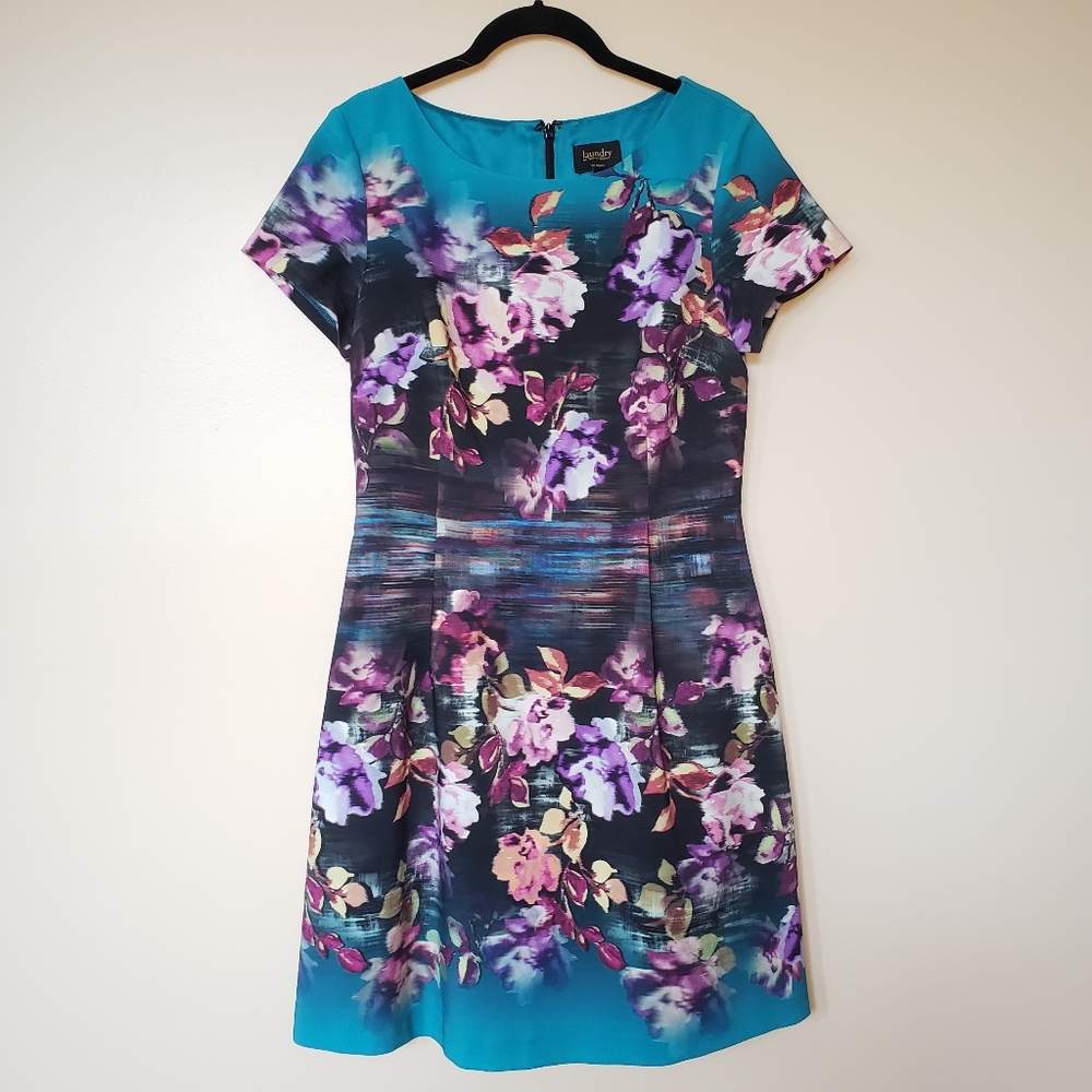 Anthro Laundry by Shelli Segal Blue Watercolor Scuba Fit & Flare Mini Dress